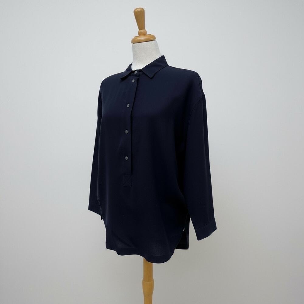 J. Crew Shirt Tunic Sz M Navy 3/4 Sleeve Half‎ Button Relaxed Minimalist Preppy